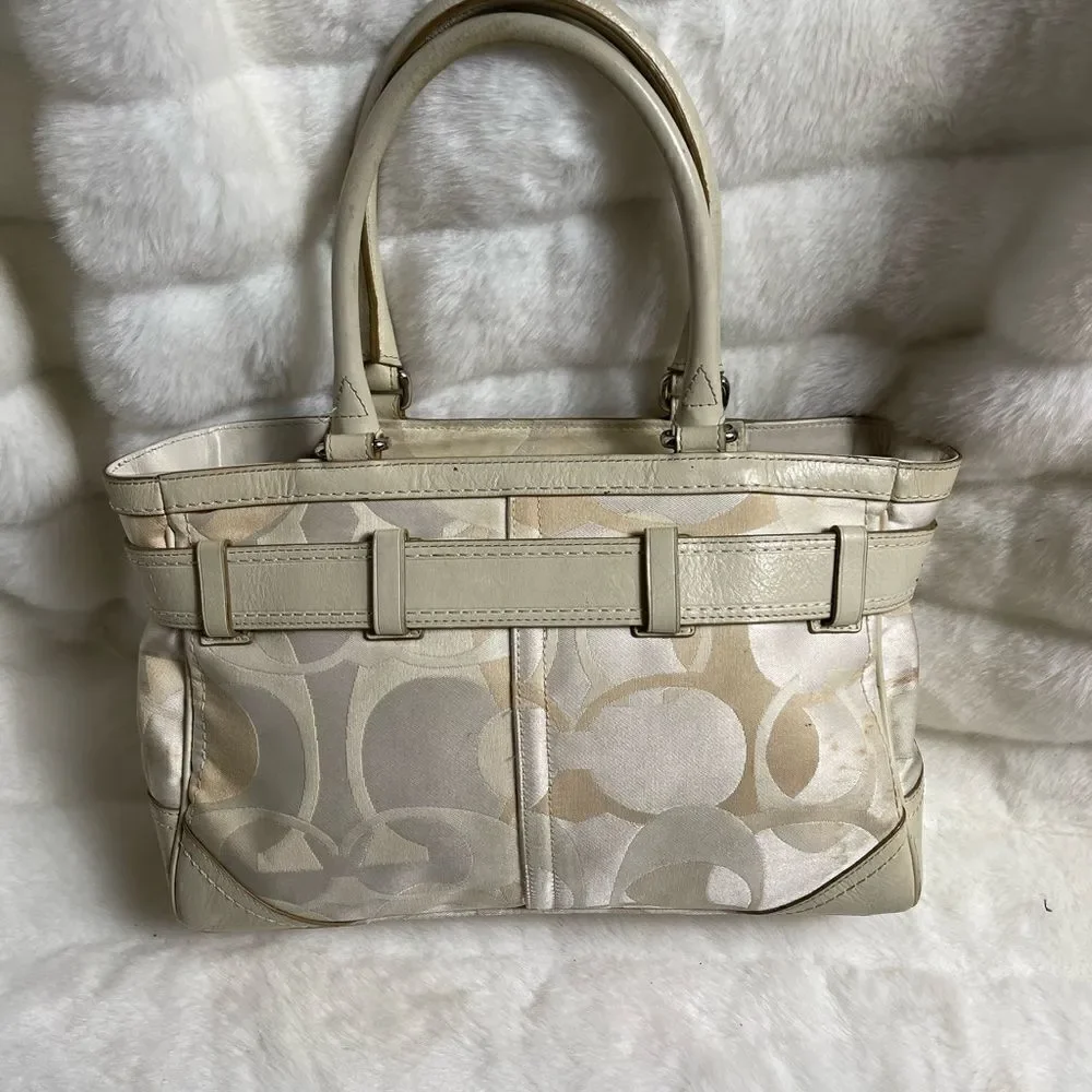 Coach Hampton beige and tan canvas logo and leather accents and trims Satchel.